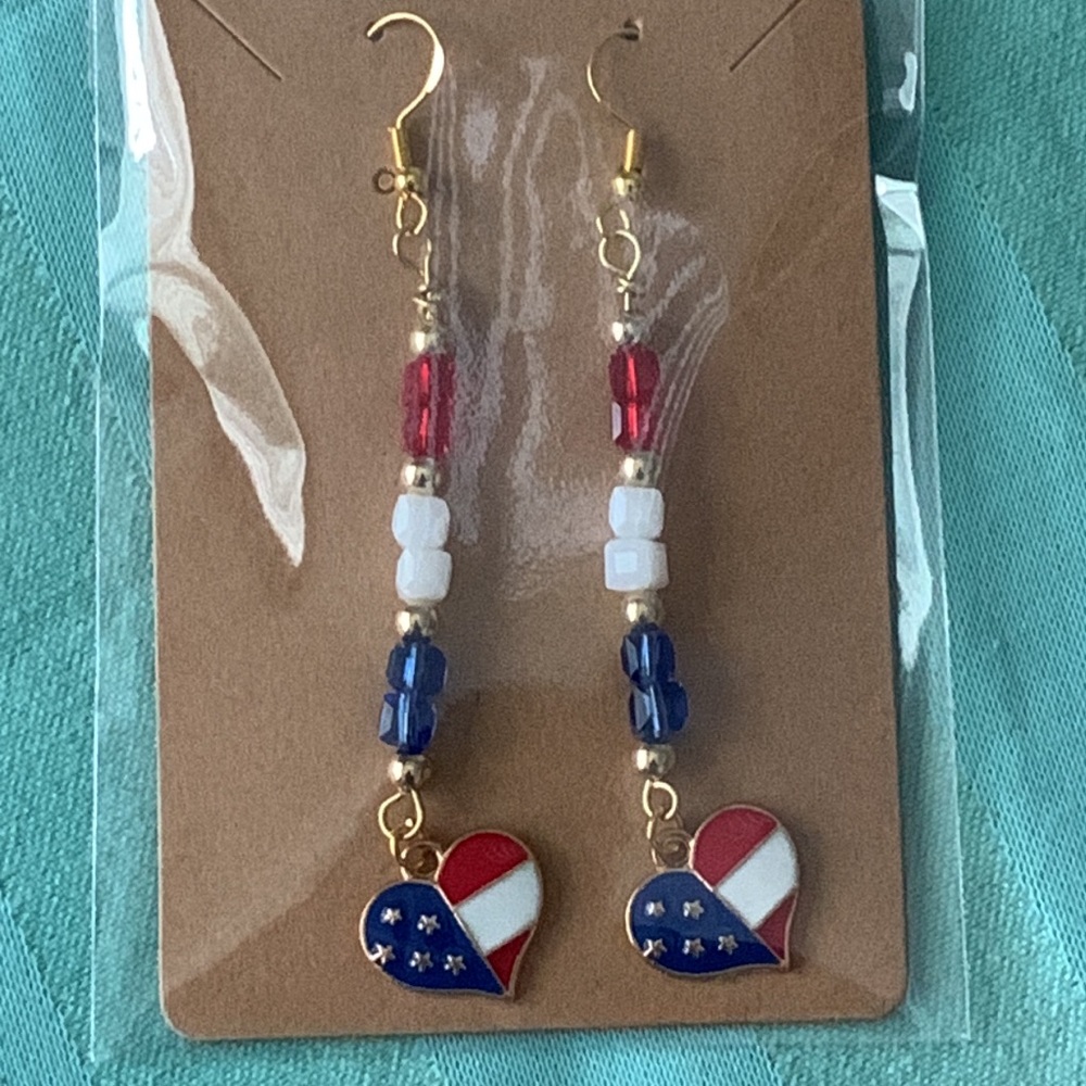 2/$15 Patriotic Heart Dangle Earrings Red White Blue